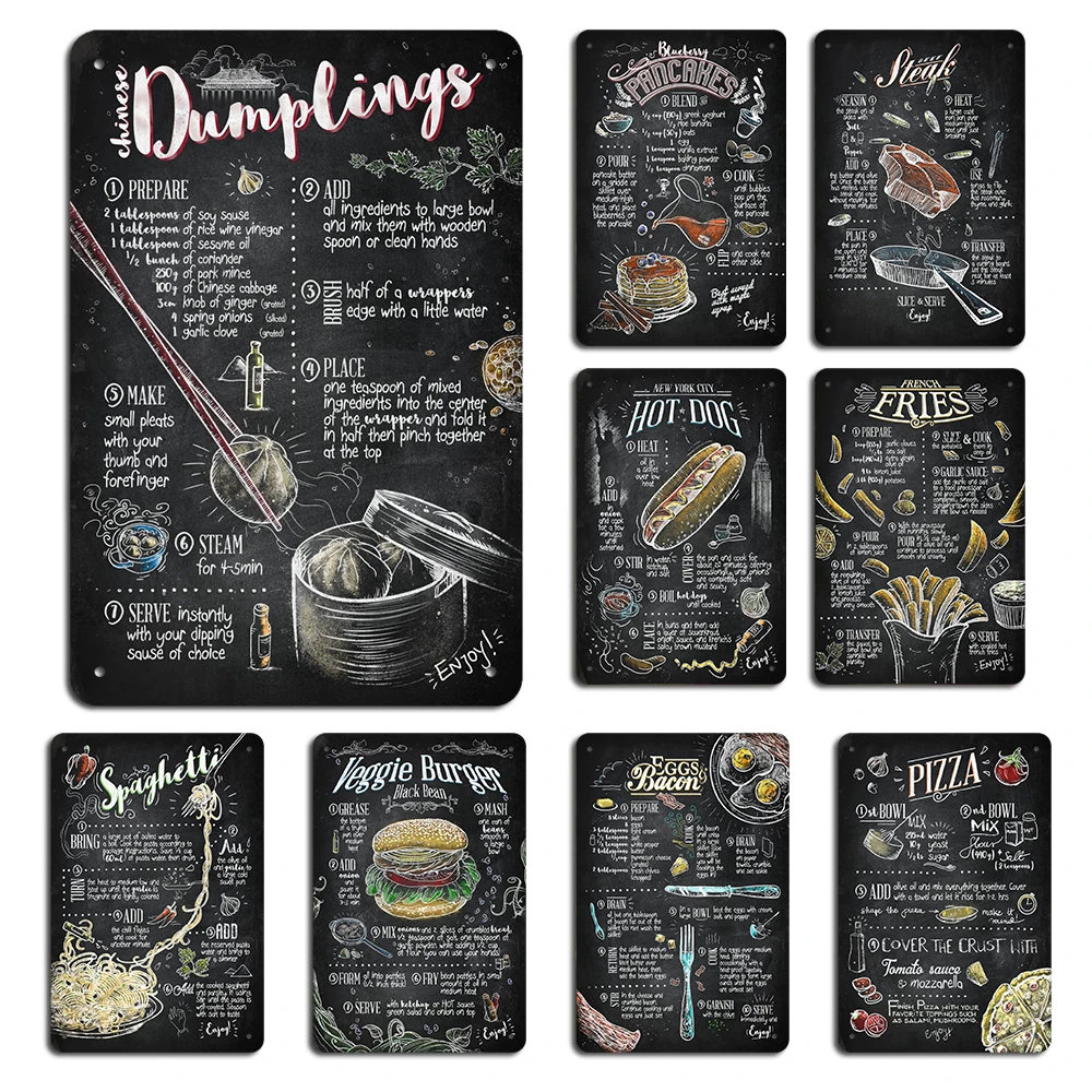 

Veggie Burger&Dumpling Tin Poster Wall Stickers Decoration Retro Steak Hot Dog Spaghetti Metal Plaque Sign Tiki Bar Kitchen Deco