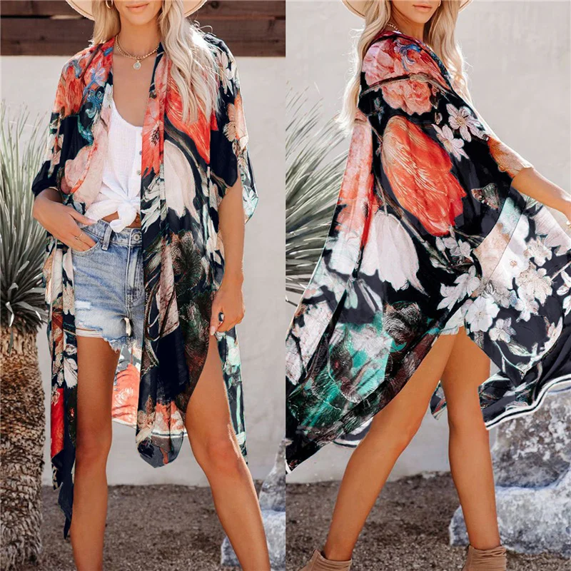 

Модная Пляжная накидка бикини с цветочным принтом, женский прозрачный кардиган с коротким рукавом и разрезом сбоку для лета