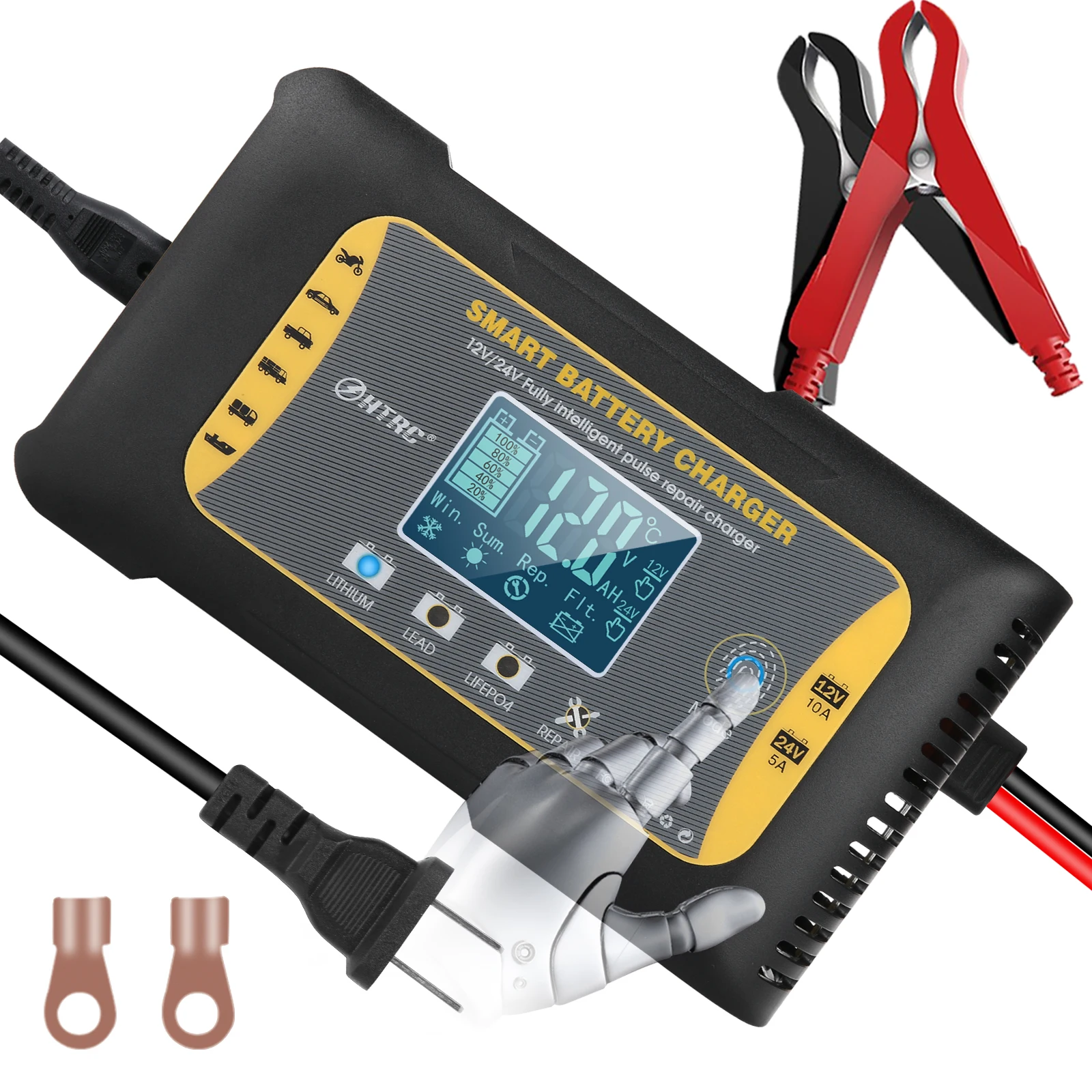 

HTRC Car Battery Charger 12V10A 24V5A Fully Intelligent Pluse Repair Charger For Lithium Lead-Acid LIFEFO4 AGM Battery