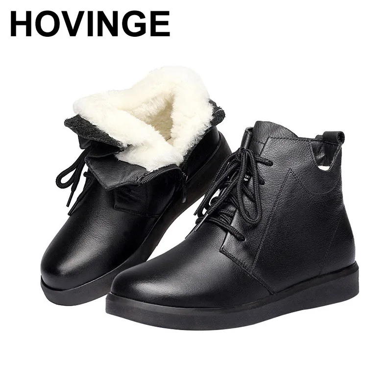 

HOVINGE Women Flat Fashion Lace up Ladies Shoes Women's Boots Genuine Leather Ankle Boot Wool Warm Winter Boot
