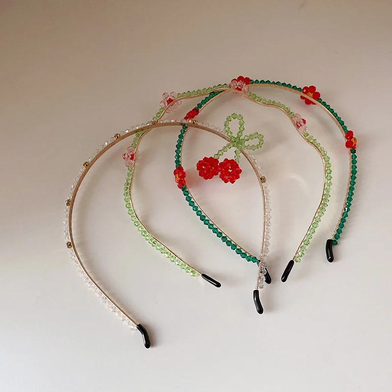 

Origin Summer Twisted Red Green Beaded Braid Cherry Headband for Women Lady Handmade Beads Flower Brimmed Hair Band Accessories