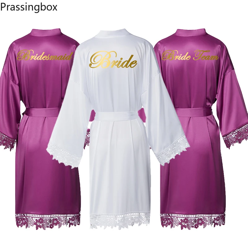 

Women Matt Satin Lace Robe with Trim Gown Dusty Rose Custom Bride Robe Bridesmaid Robes Kimono Robe at Wedding Party
