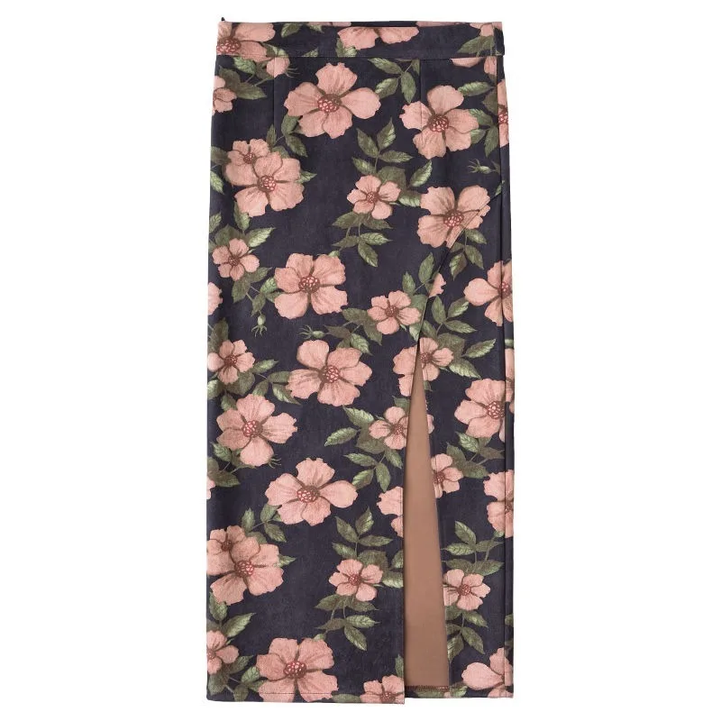 

2021 Summer New Women High Waist Printing Skirt Chic Slimming Sexy Elastic Vintage Split Mid-calf One-step Skirts Female Y590