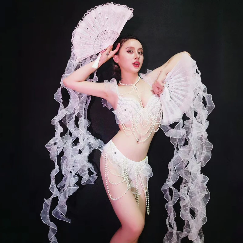 

Womens Dance Costume Nightclub Bar Gogo Dance Party White Bikini Suit Performance Stage Costuems Female Festival Outfit DQS4478
