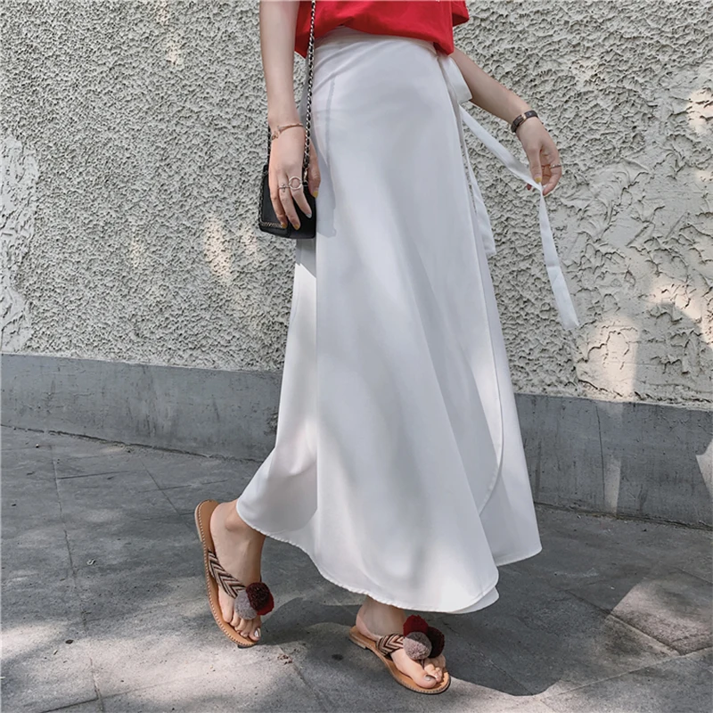 

Spring Summer Vintage Mid-Calf Loose Women Skirts Casual Skirt Solid High Waist Chiffon A-Line Lady Clothes 2021