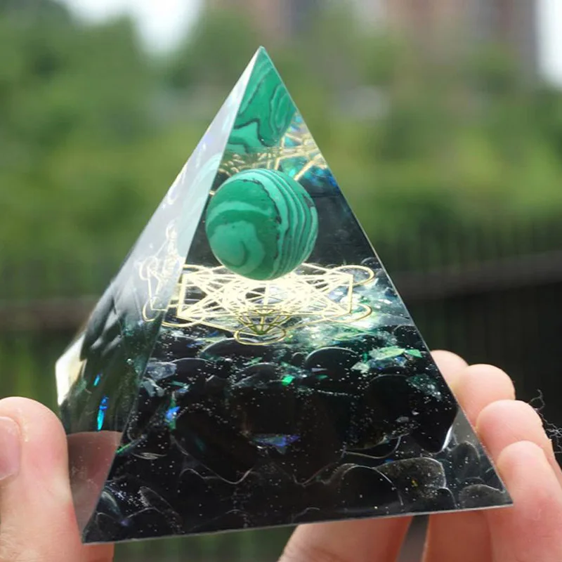 

Orgonite Pyramid Natural Malachite Crystal Sphere With Obsidian Gemstone Reiki Chakra Energy Orgone Pyramid 50mm