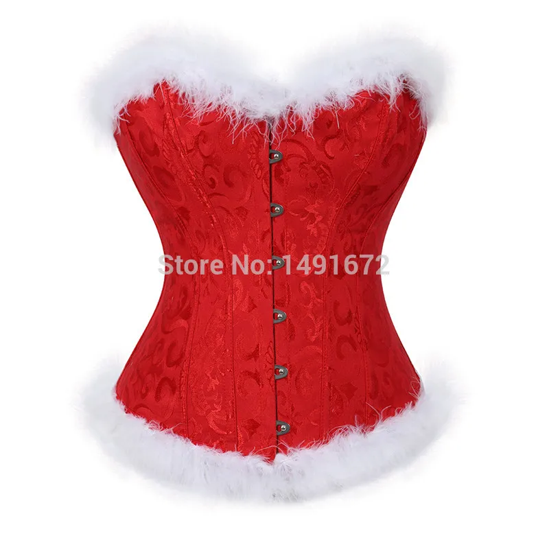 

Women's Christmas Santa Costume Sexy Corset Bustier Lingerie Top White Feathers Corselet Overbust Plus Size Sexy Red Burlesque