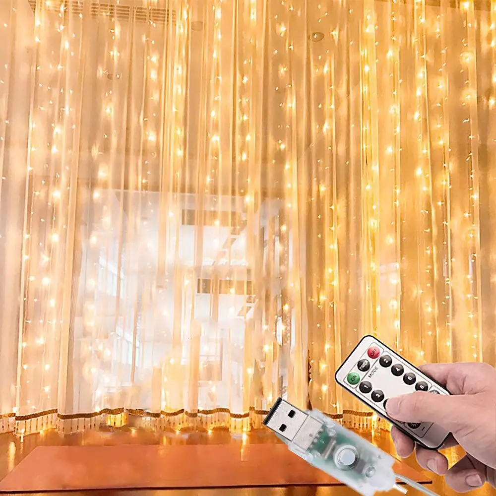 

3M LED Curtain Garland 8 modes Ramadan Window USB String Lights Fairy Lights Remote Control Christmas Decorations