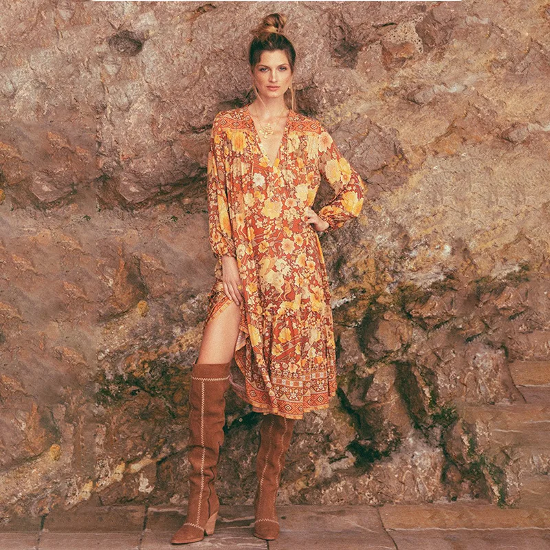 2020 женское весеннее платье с длинным рукавом и v-образным вырезом свободное