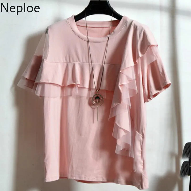 Neploe, женские футболки с неровными оборками, летние,, повседневные, с круглым вырезом, с коротким рукавом, из кусков, футболки, свободные, корейские, женские топы 43847