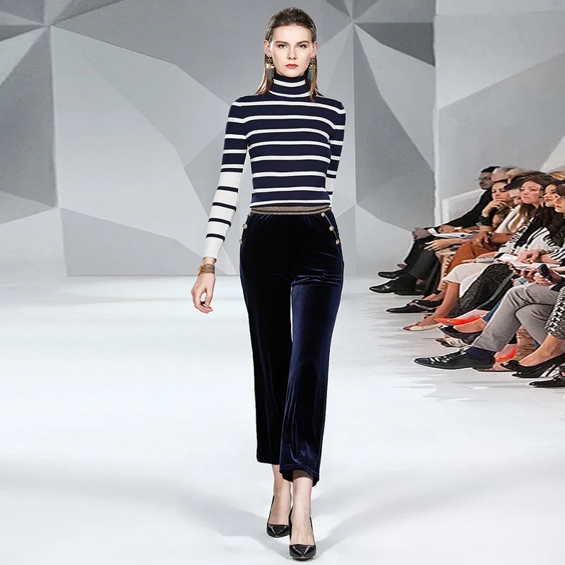 

Runway Autumn Winter 2 Piece Set Women Turtleneck Knitted Blue White Striped Sweater +Fashion Velvet Button Wide Leg Pants Suits