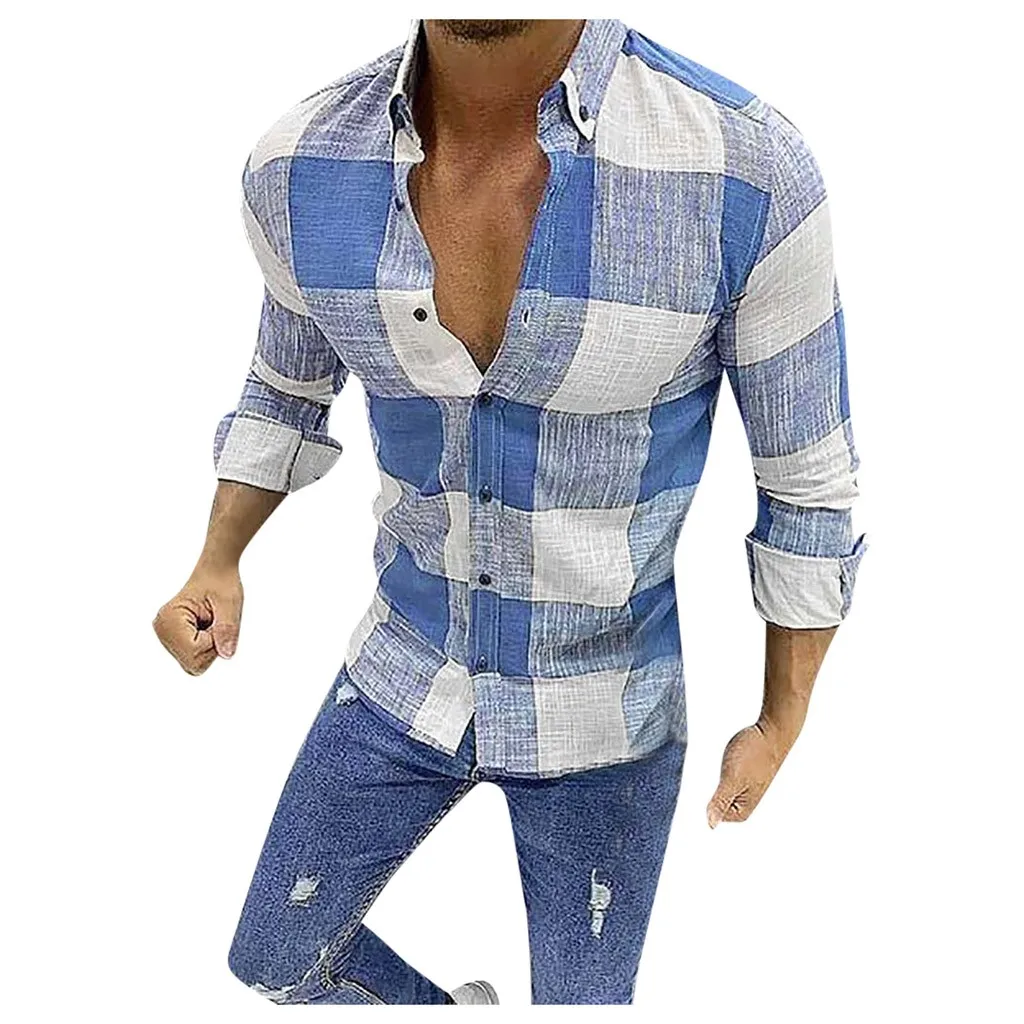 KANCOOLD мужская повседневная рубашка с длинным рукавом клетчатая однобортная