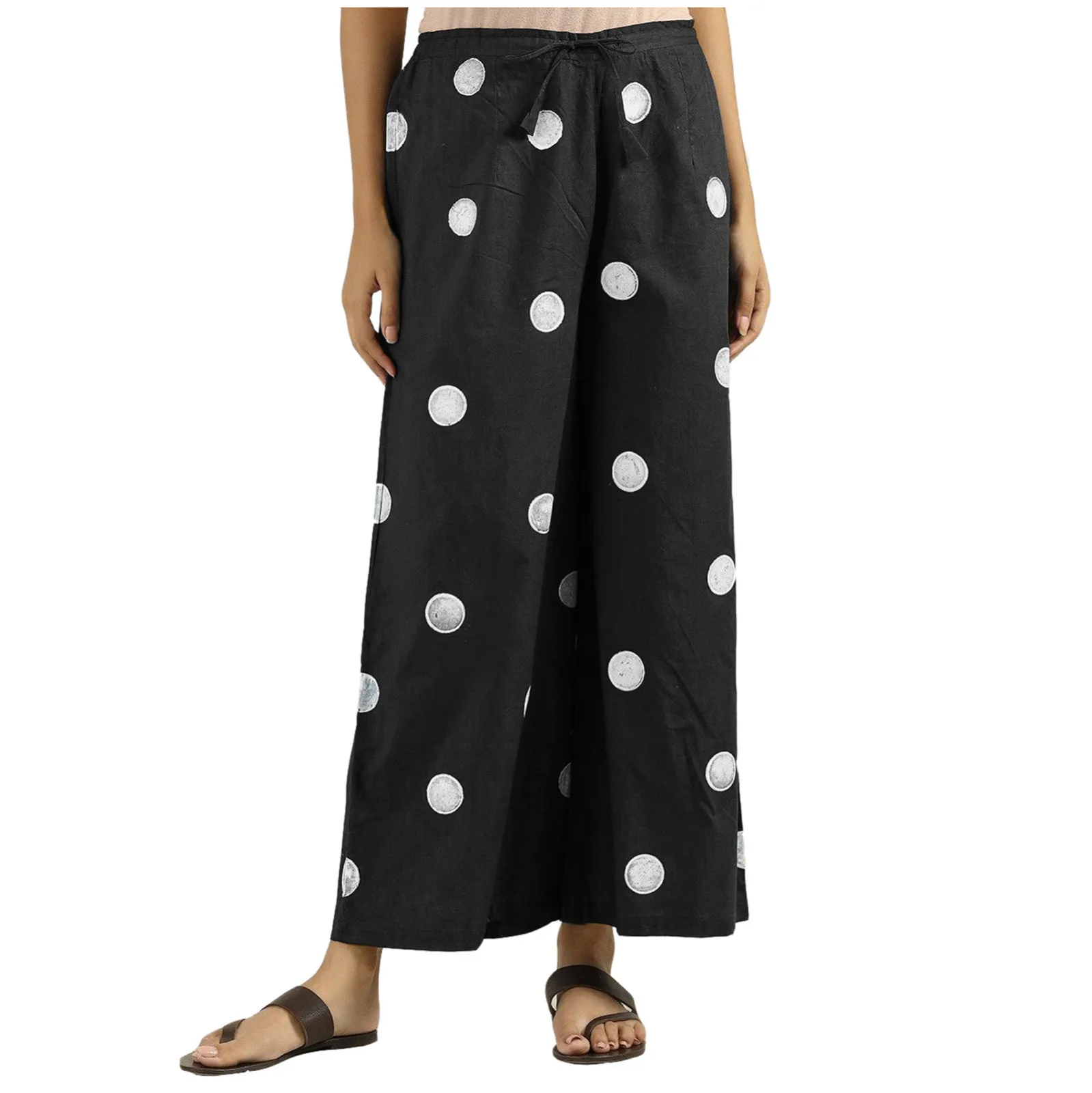 

Plus Size Women Pants Dot Cotton Pants Summer Elastic Waist Loose Casual White Harem Pants Women's Pocket Cotton Linen Trousers