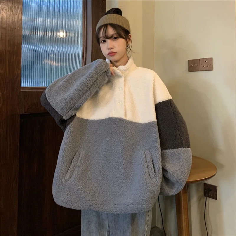 2021 Lamb Sweater Hoodie Teddy Wool Jacket Patchwork Casual Loose Pocket Korean Version Boyfriend Wind Street Warm Winter Tops | Женская