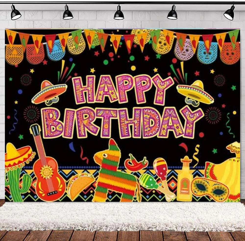 

Mexican Fiesta Birthday Photography Backdrop Cinco De Mayo Taco Festival Party Colorful Flags Llama Banner Decor Background