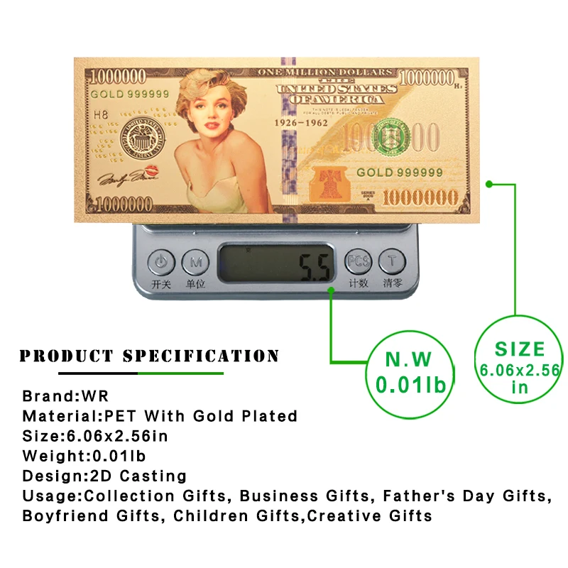 WR высокое качество с покрытыем цвета чистого 24 каратного золота Цветной Мэрилин