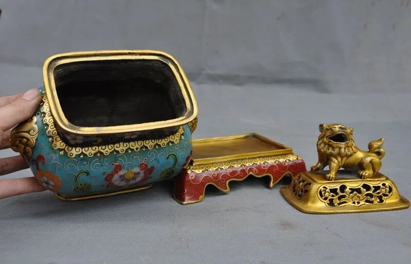 

wedding decoration China bronze Cloisonne Enamel Gilt beast head Foo dog Lion Incense Burner censer