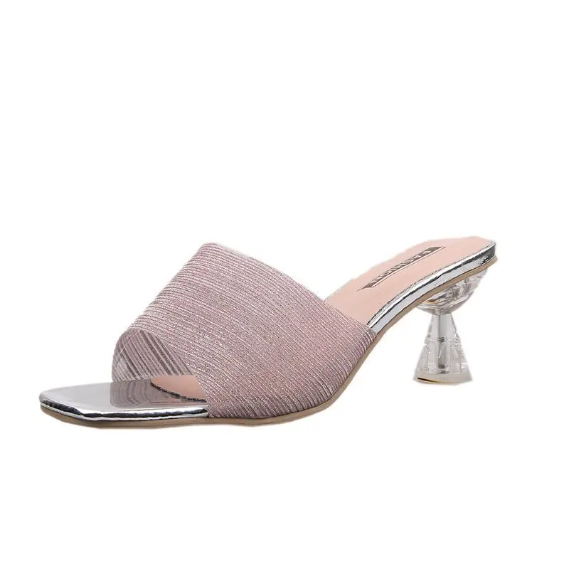 

Women Sandals Summer Open Toed High Heels Transparent Heel Slippers Woman Party Shoes Discount Pumps Sequined Cloth Gladiator