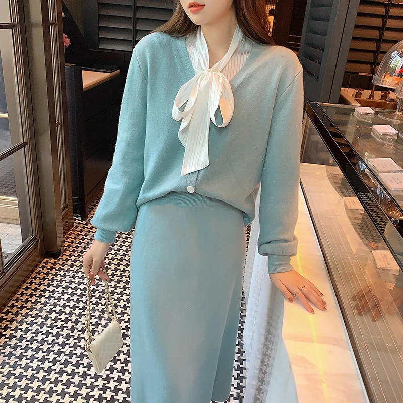 

Elegant Fall Winter Knitted Cardigan Two Piece Set Women Single Breasted V Neck Loose Sweater Coat +Split A Line Long Skirt Suit
