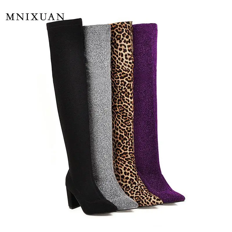 Женские сапоги MNIXUAN с леопардовым принтом фиолетовые зима 2019 новинка острым