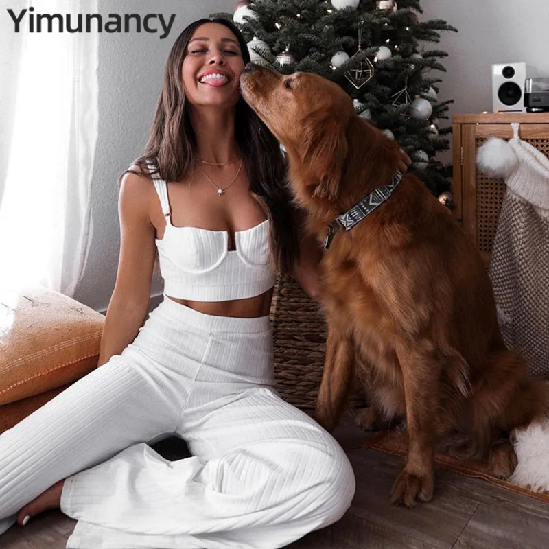 Женский трикотажный костюм Yimunancy комплект из двух предметов укороченный топ без