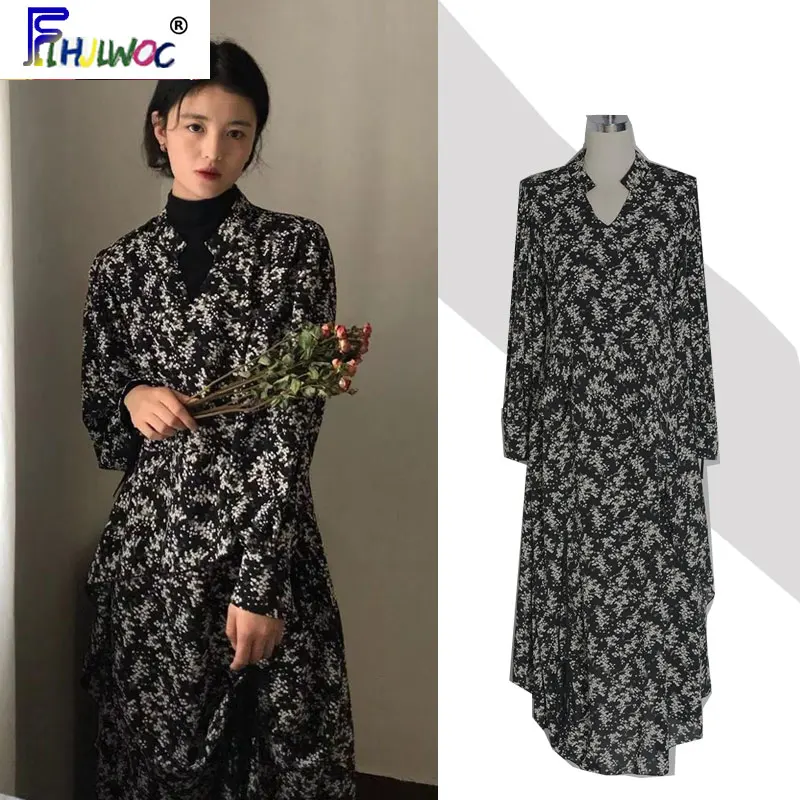 Женское винтажное платье с длинным рукавом длинное цветочным принтом в