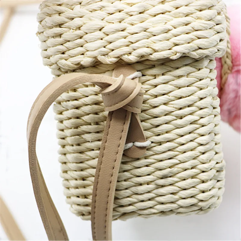 

2021 Summer Women Handbags Square Cover Straw Woven Bag Wool Ball Woven Bag Female's Bag Portable Messenger Dual-use Bag