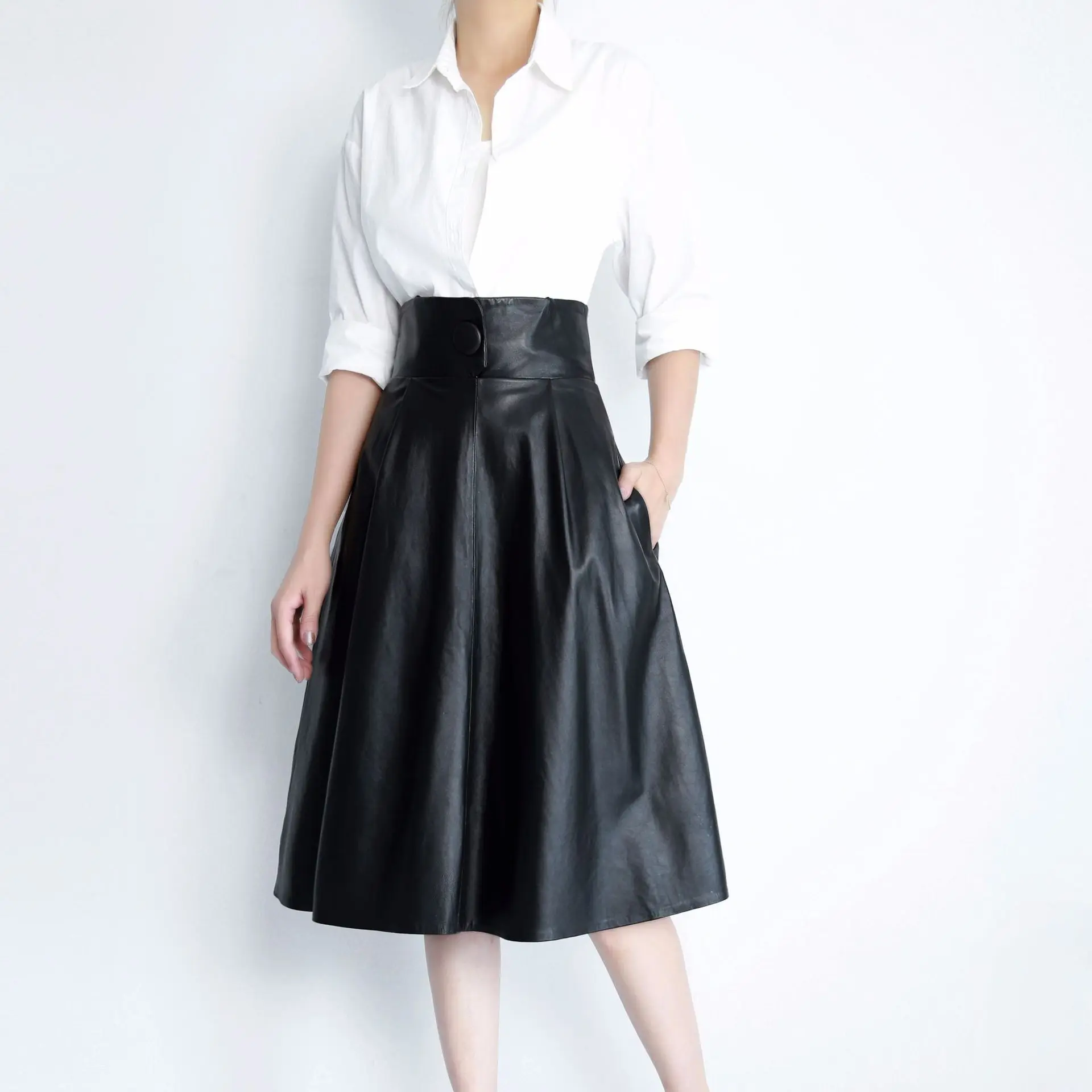 

Fall Winter New Genuine Leather Sheepskin Skirt High Waist Retro Elegant Umbrella Knee-high A-Line Black Skirt