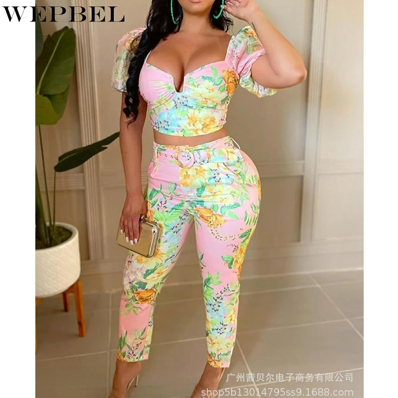 

Женский облегающий костюм WEPBEL с принтом, костюм с коротким рукавом-фонариком без бретелек с V-образным вырезом + брюки-карандаш с высокой тал...