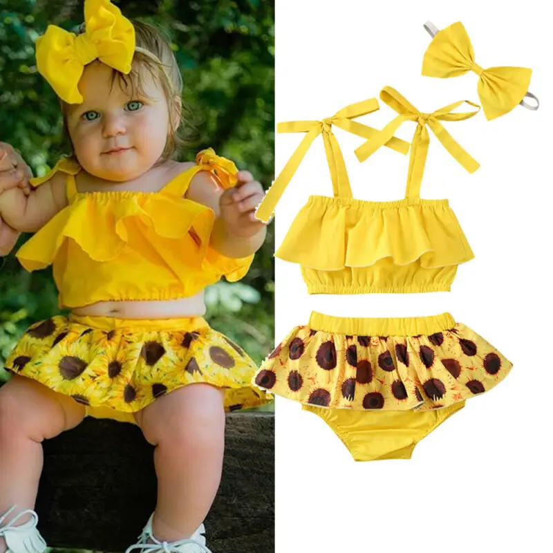 

0-24M Infant Baby Girl Summer Toddler Outfits Clothes Sets Ruffles Sleeveless Sunflower Tops+Shorts+Headband 3PCS Set