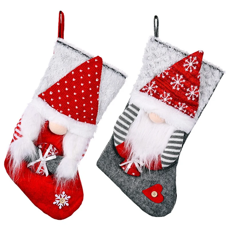 

Christmas Gnome Holding Present Christmas Stockings Candy Bag Xmas Wide-Brimmed Stocking for Home Holiday Decoration