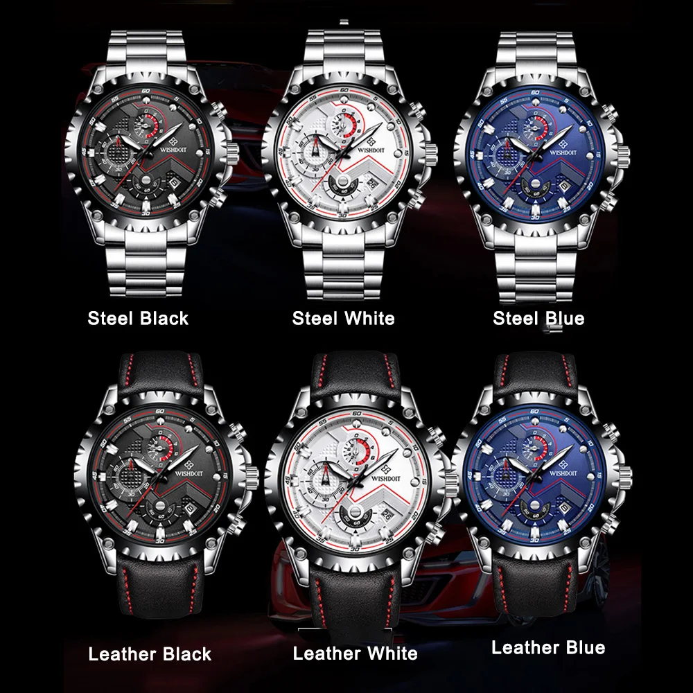 

2021 Fashion Men Student Sports Watches Chronograph Wrist Watch Quartz Wristwatches Waterproof Stainless Steel+Leather