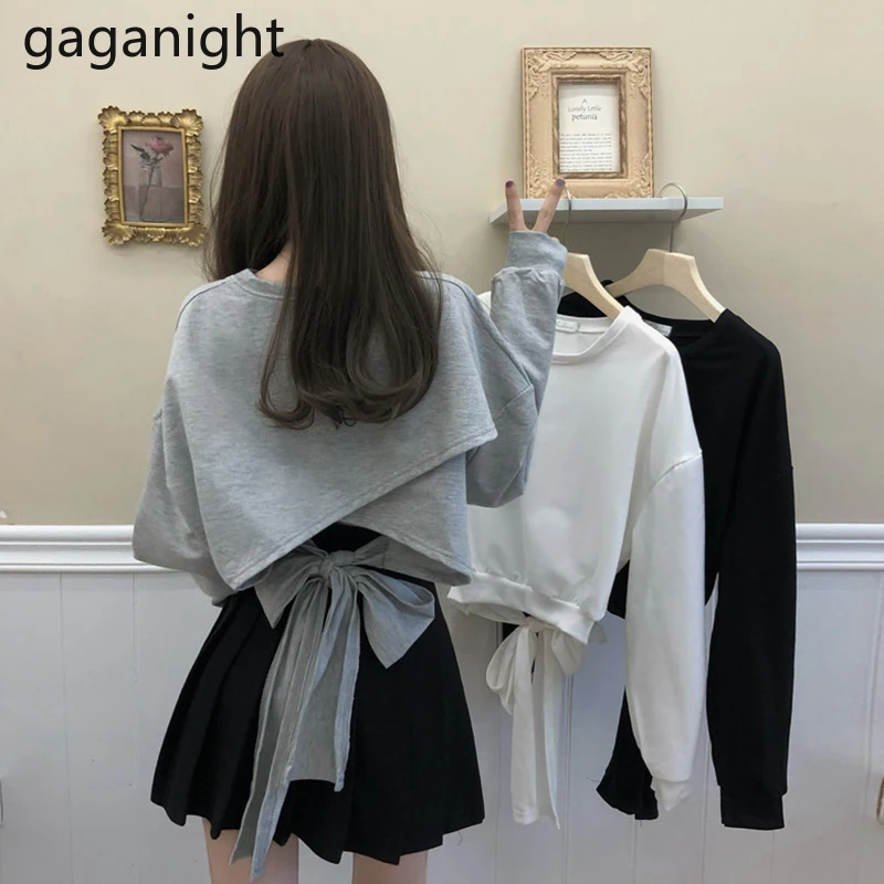 

FAKUNTN Fashion Women Back Bow Jumper Sweet Lady Long Sleeve Hoodies Chic Korean Girls Sweatershirt Solid 2020 Crop Jumpers