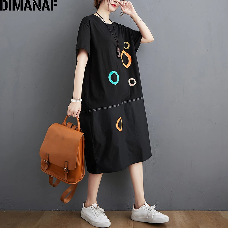 Женское платье с принтом DIMANAF свободный хлопковый сарафан до колен черного цвета