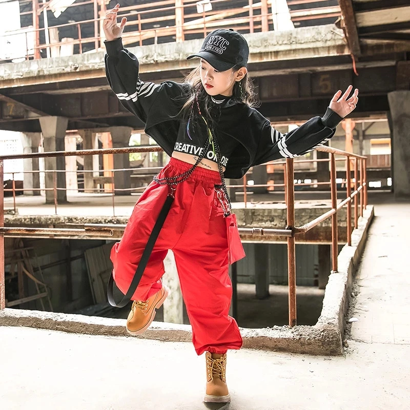 

Hot Hip Hop Clothing Girls Jazz Dance Costume Long Sleeve Black Tops Red Cargo Pants Kids Hip Hop Performance Wear Rave Clothes