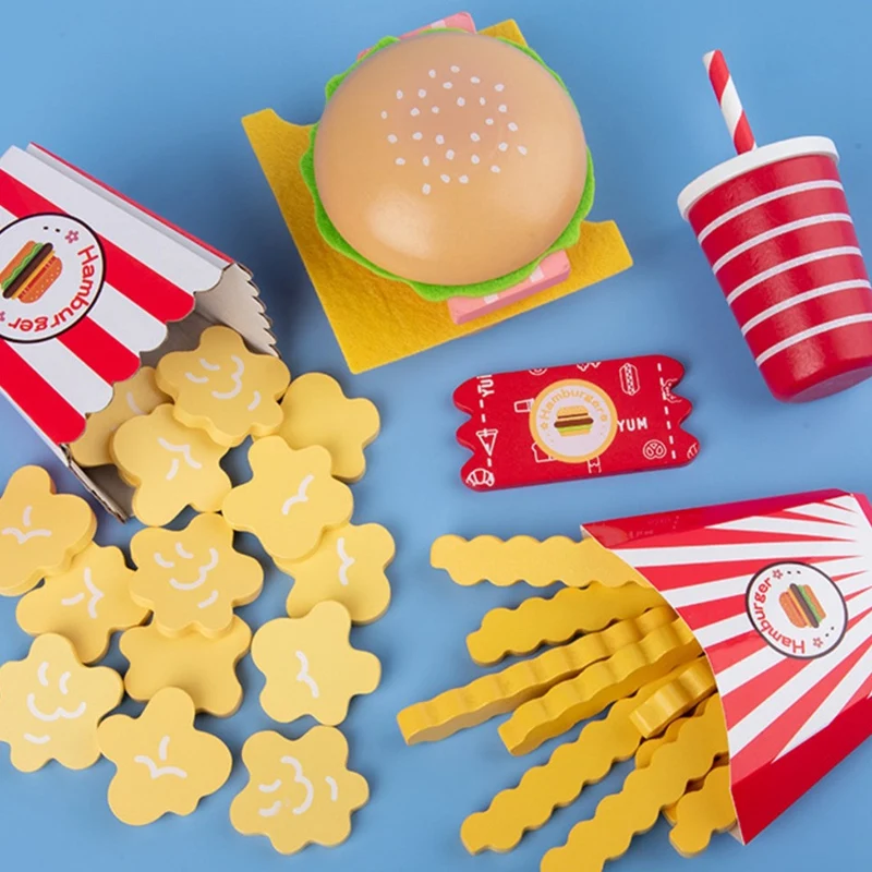 

Kids Wooden Pretend Toys Fast Food Role Play Toys Simulation Hamburger French Fries Model Set with Box