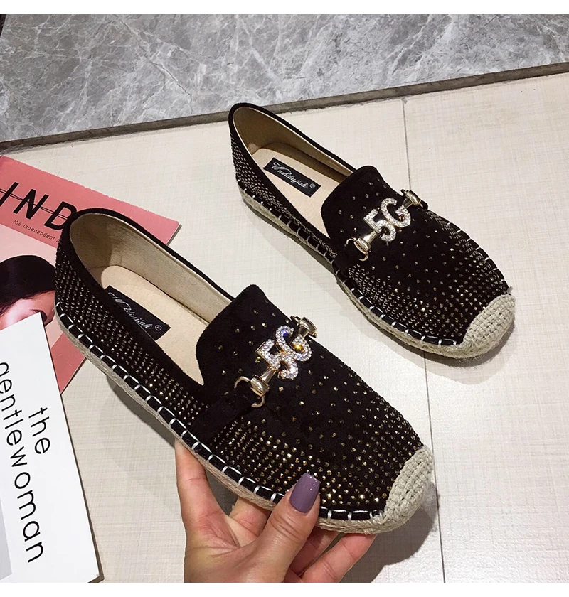 Fashion Hemp Loafers Women Espadrilles Flats Shoes Sewing Rhinestone Round Toe Ladies Casual Moccasins Slip On Brand Style New