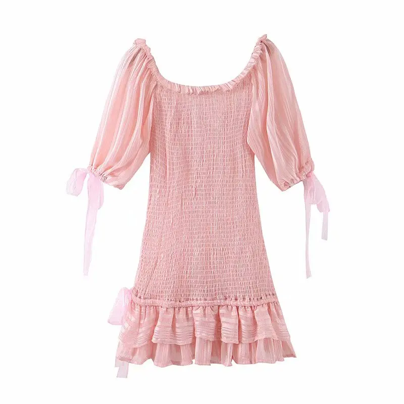 Linjiashop Loveshackfancy autumn pink dress short sleeve vintage slim special chiffon ruffles mini dress dropshipping