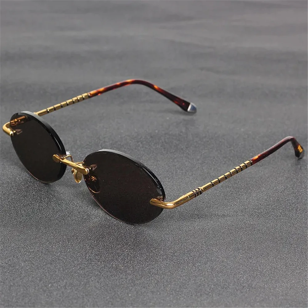 

Vazrobe Rimless Sunglasses Male Women Oval Sun Glasses for Men Brown Natural Crystal Glass Lens Anti-eye-dry Vintage Shades
