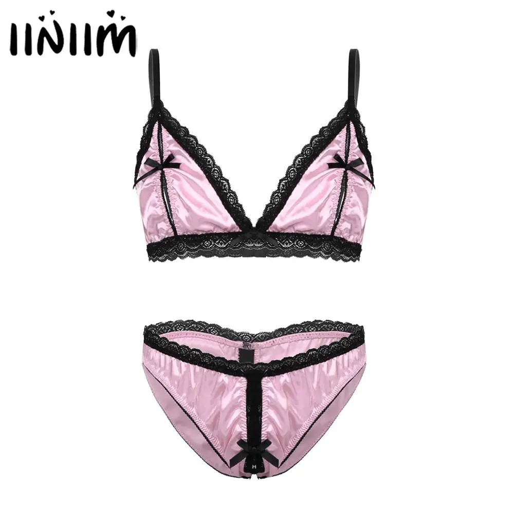 

Mens Sissy Exotic Nightwear Silky Satin Lace Trim Lingerie Set Open Nipple Splits Bra Top with Crotchless Sissy Briefs Underwear