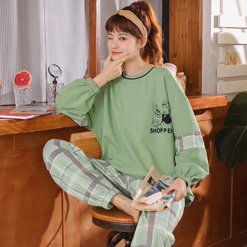 

Pajamas Women's Spring and Autumn Cute Grass Green Cotton Long Sleeve Two-Piece Suit Thin Summer Large Size Internet Hot