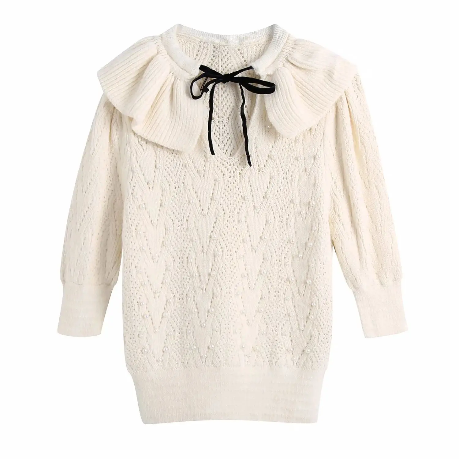 

New Pop Women Knit Sweater with Faux Pearls Ruffled Collared Half Sleeves Casual Vogue Elegant Chic Woman Knitted Sweaters