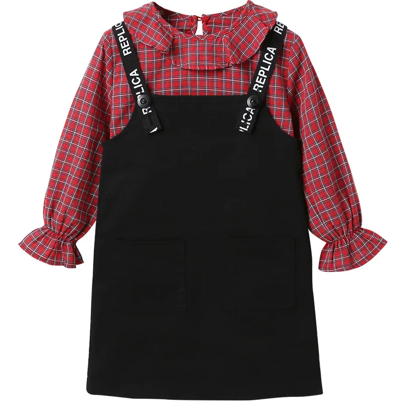 

New Grid Strap Top Autumn Spring Girls Two Pieces Casual Sets Tracksuit Children School Suits Kids Teenage High Quality