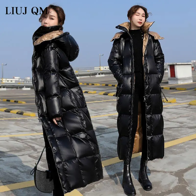 

2022 Winter Women Down Jacket Bread Thickening Classic Glossy Black Leather Fashion Hooded Jacket Female Long Jackets Coat Women