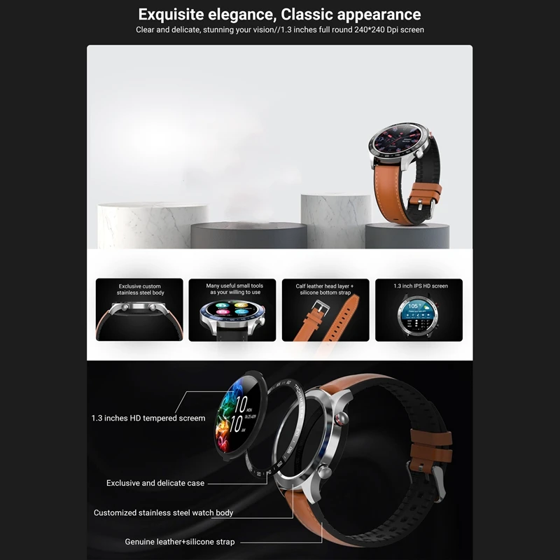 

R5 Smart Watch Sport Watch Man Women Contact Screen Operation Waterproof Bluetooth Fitness Watch, Black/Brown, 1.3 Inch