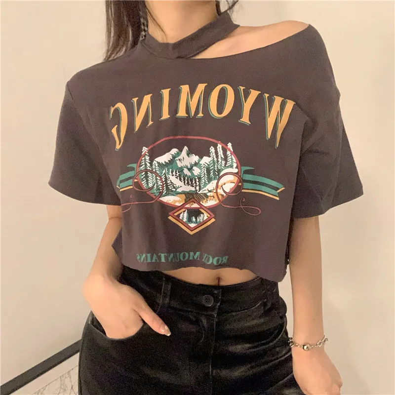 

2021 New Hollow Strapless Printed T-shirt Women Short Loose Letter Printing Short-sleeved Round Neck T-shirt