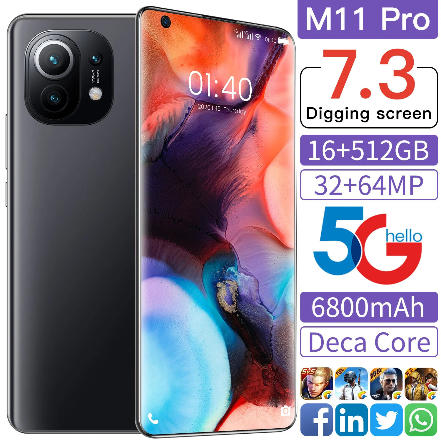 

2021 New Global Version M11 Pro Smartphone 7.3 Inch Screen 16GB 512GB 32MP 64MP Camera Face ID Snapdragon 888 6800mAh Android