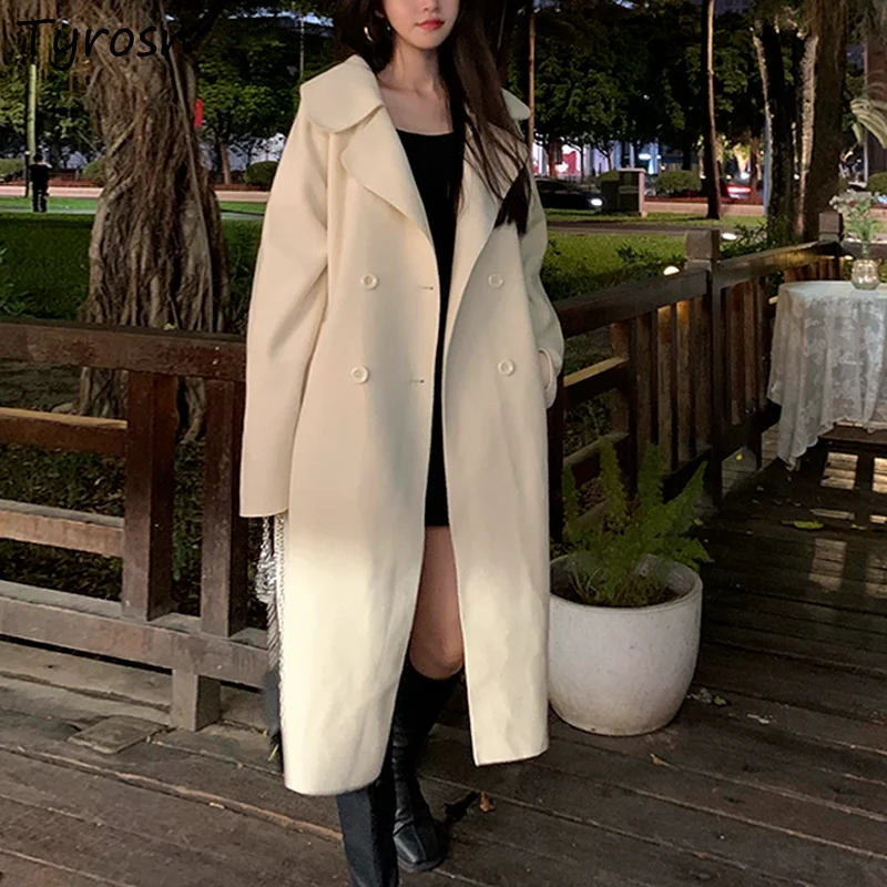 

Women Wool Blends Coat Double Breasted Temperament Thickening Elegant Retro Loose Outwear Woolen Fashion Turn-down Collar Warm