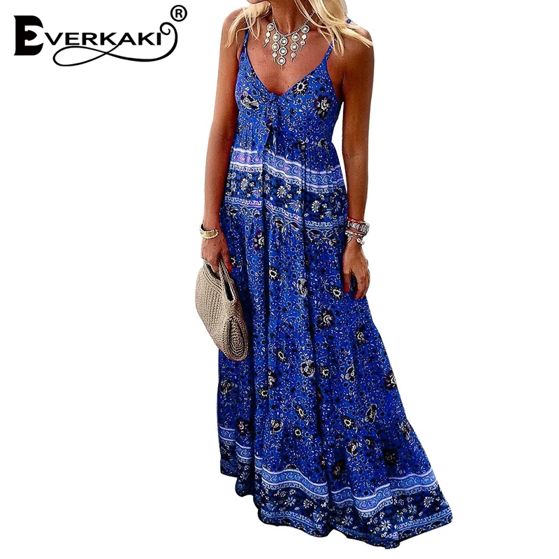 

Everkaki Boho Floral Print Long Strap Dresses Women Summer Beach Red Blue Sleeveless Party Plus Size Maxi Dress Vestidos 2021