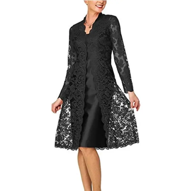 

Satin O Neck Full Sleeves Straight Plus Size Mother Of The Bride Dresses Knee Length With Lace Wrap Elegant Dress For Godmother